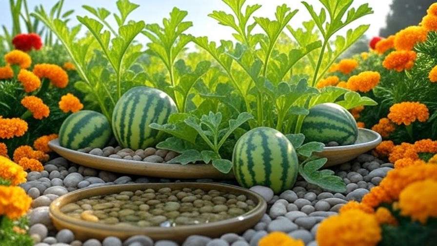  "Pollinator-friendly garden with watermelon plants, marigolds, and bee water dish"
