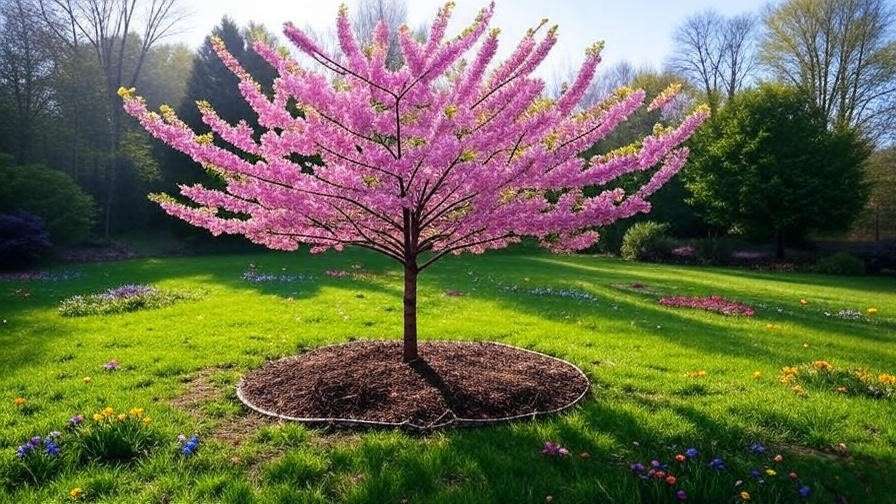 "Cherry tree with protective mulch ring in a tree-friendly lawn garden setup."