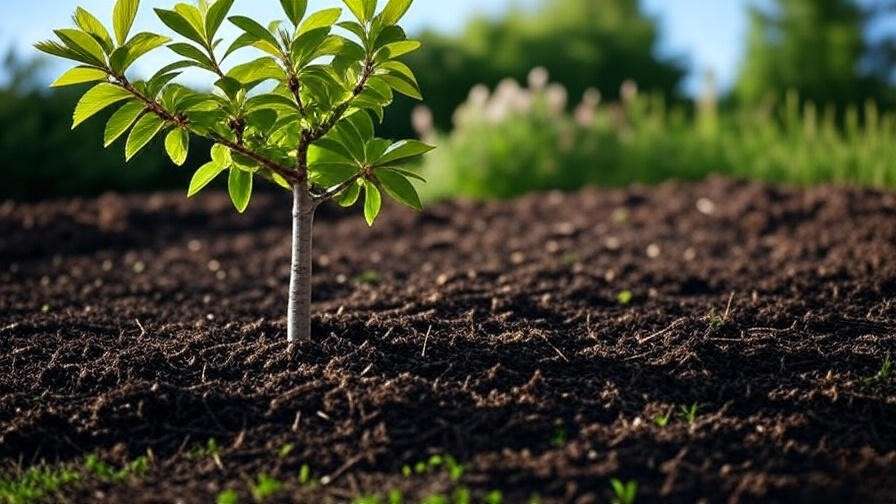 Well-draining loamy soil with compost and mulch around a young cherry tree in a sunny garden".