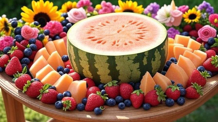 "Sliced yellow watermelon centerpiece on a vibrant summer table with fruits and flowers". 