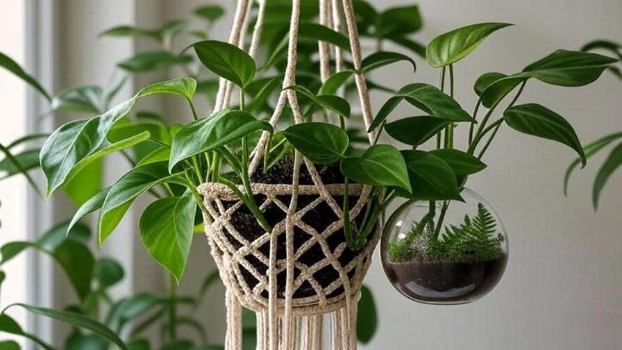 Pellionia watermelon in a hanging macramé basket with pothos and terrarium in a tropical indoor setup." 