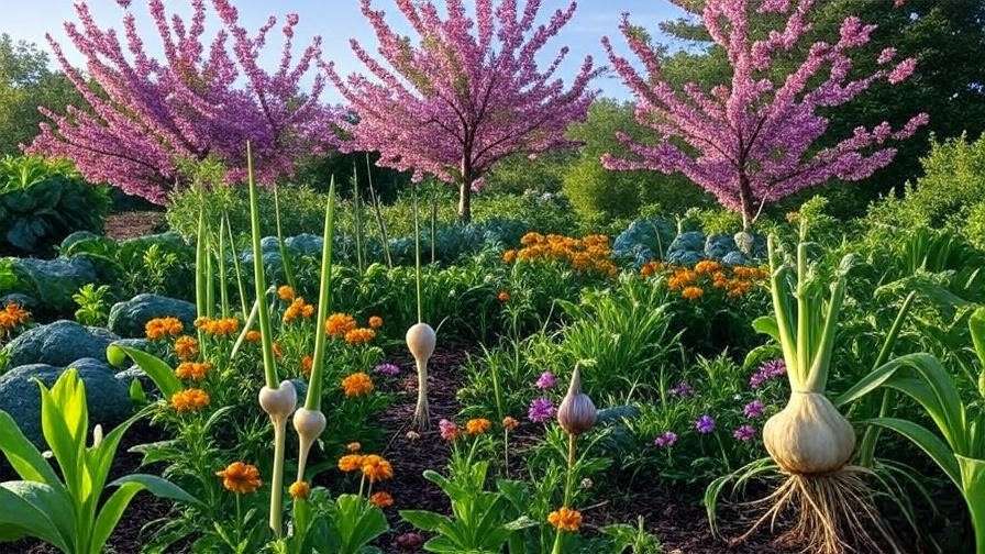 Cherry trees with marigold and garlic companion plants in a healthy garden".