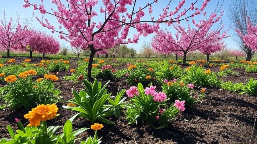 Sustainable cherry orchard with marigolds and clover companion plants for soil health