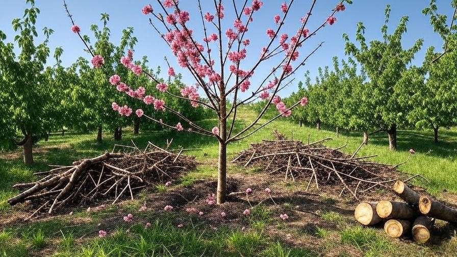 Pruning a cherry tree to improve air circulation in a sunny orchard."