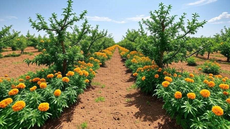 Cherry orchard with marigold flowers for natural nematode control