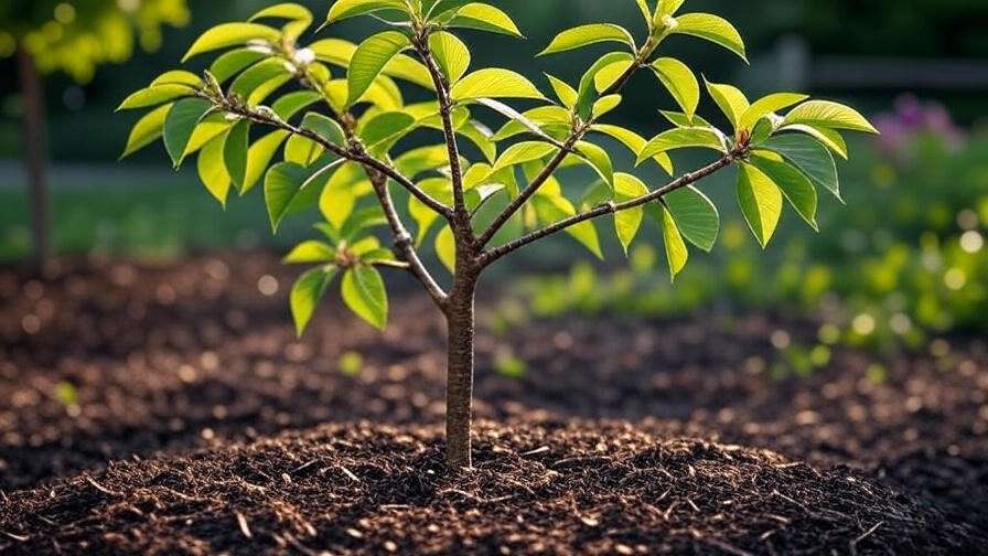 Pruned cherry tree with mulched soil and healthy leaves in a sunny garden
