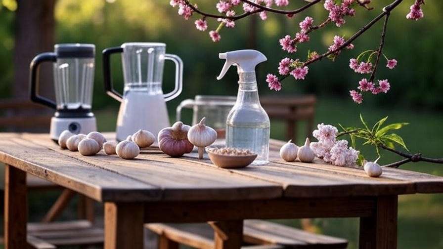 DIY garlic spray ingredients and spray bottle next to a cherry tree branch in a garden.