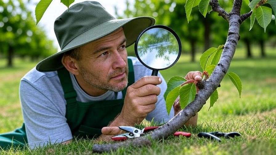 Gardener inspecting cherry tree branch with magnifying glass for gummosis diagnosis"
