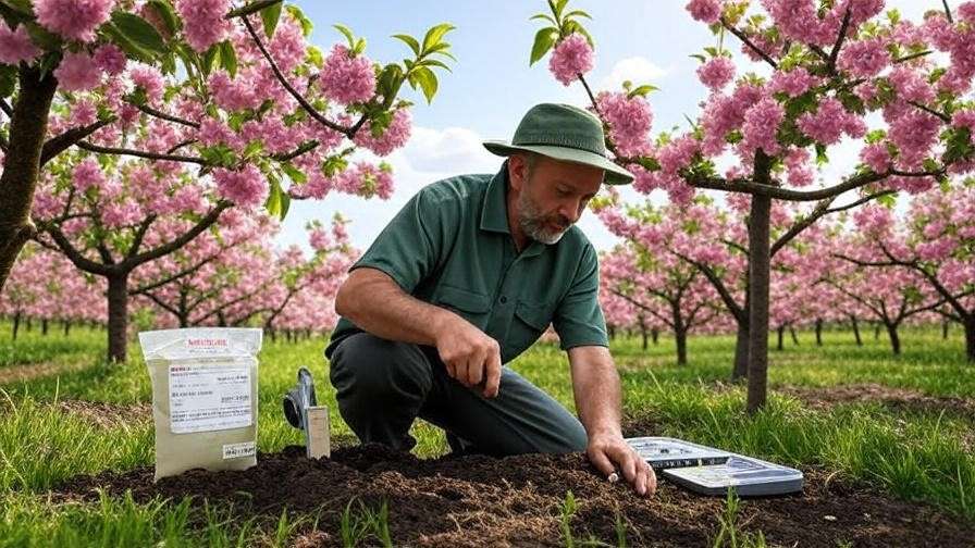 Gardener collecting soil samples near a cherry tree with testing kit in an orchard."