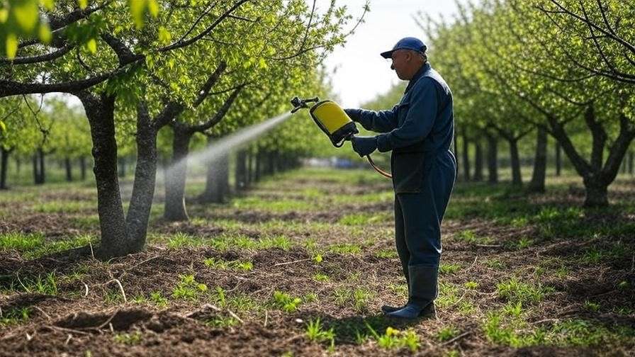 Gardener applying fungicide to cherry trees with powdery mildew in an orchard."
