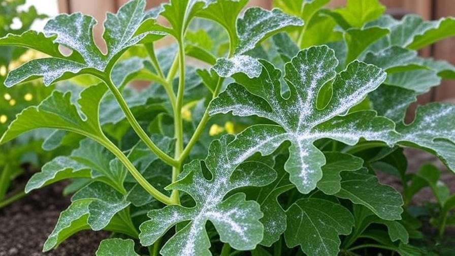 "Moon and Stars watermelon plant with powdery mildew next to a healthy plant".