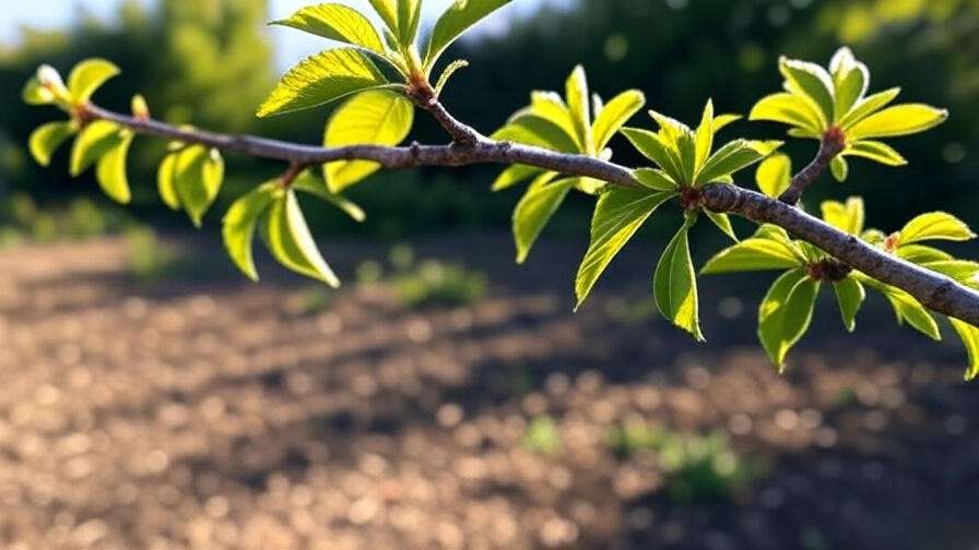 Cherry tree branch with leaves curling upward due to drought stress in a sunny garden."