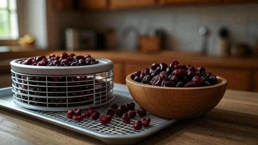Dried cherries in a dehydrator with a bowl of finished cherries