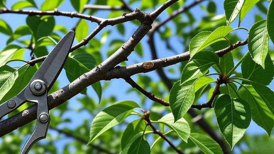 "Pruning cherry tree branch to treat gummosis with sterilized shears