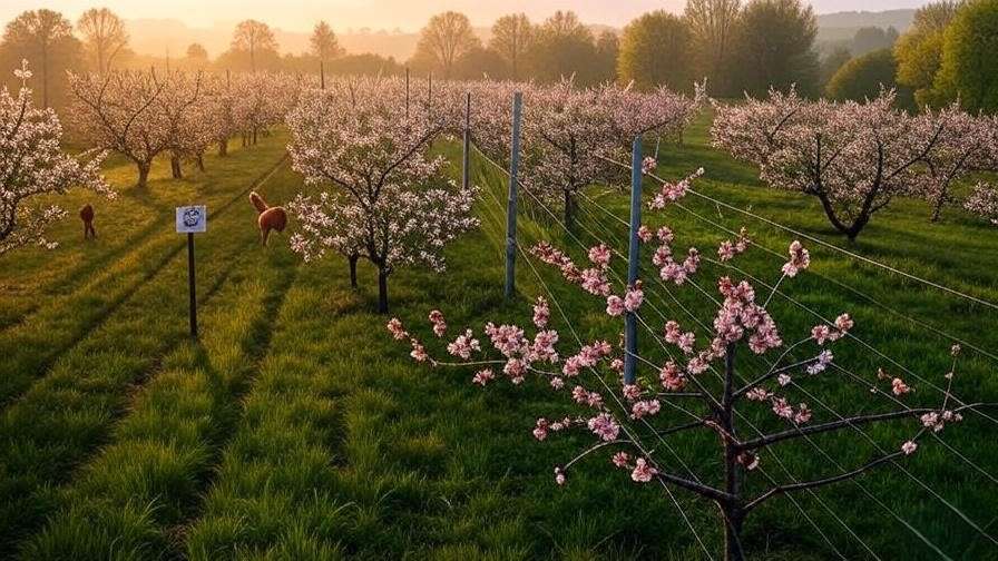 Electric fence protecting cherry tree orchard with deer retreating at sunrise."