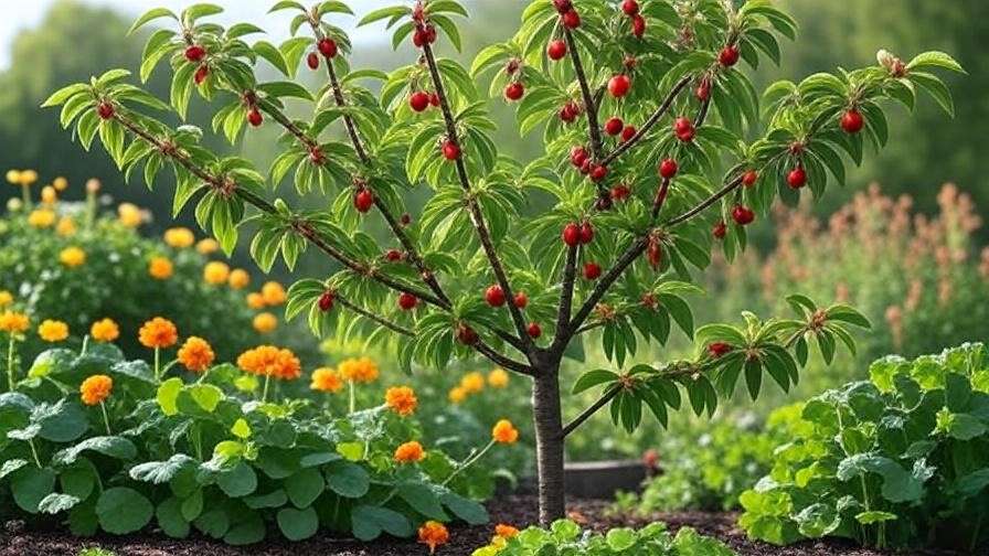 "Cherry tree surrounded by companion plants like marigolds and garlic for natural aphid repulsion.