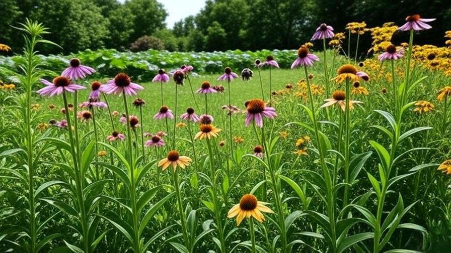 Native wildflowers and bees in a garden with a distant watermelon patch"
