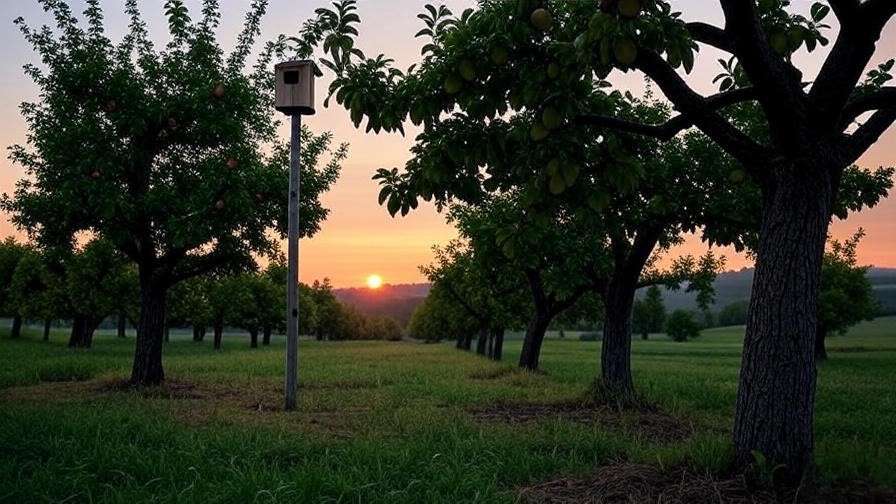 Gardener installing an owl box in a cherry orchard to encourage natural pest control