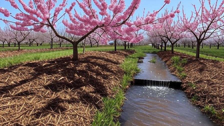 Mulched cherry tree with a French drain improving soil drainage in an orchard".