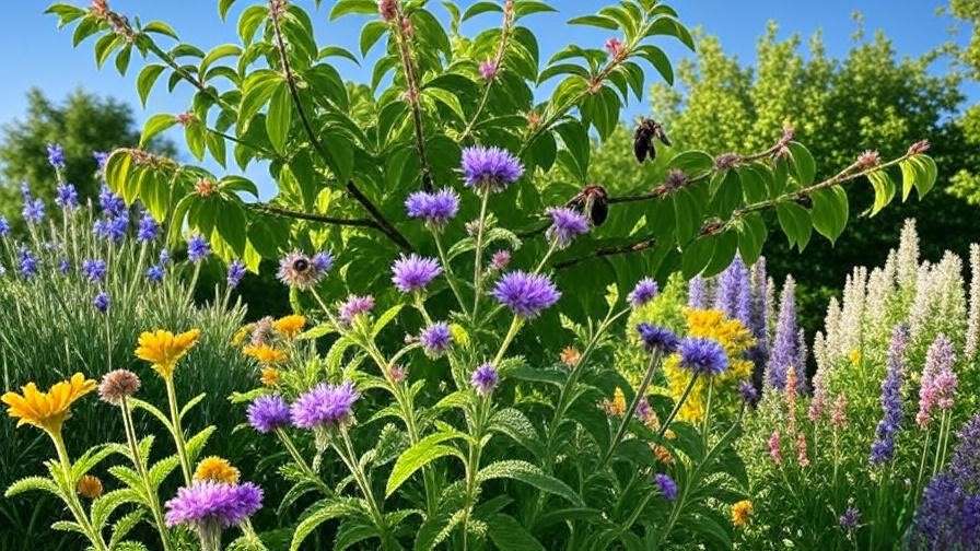 Healthy cherry tree with bees pollinating in a vibrant garden with lavender and borage plants.