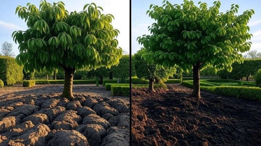 Comparison of cherry tree with water stress and a healthy tree in a garden.