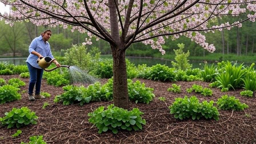 Cherry tree with mulch and clover companion plants being watered by gardener."