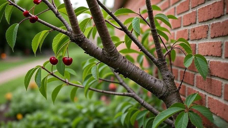 Espaliered cherry tree with pruned branches and ripe cherries against garden wall."
