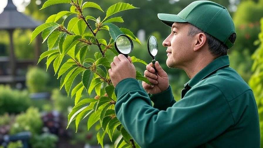 Arborist inspecting cherry tree for leaf blight with magnifying glass"