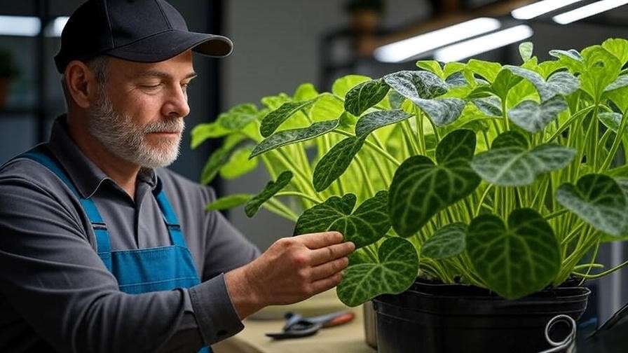 Horticulturist inspecting String of Watermelon with grow light and pruning tools. 