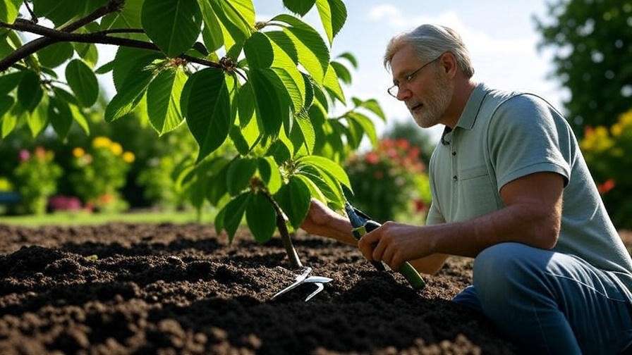 "Recovered cherry tree with green leaves and gardener inspecting".