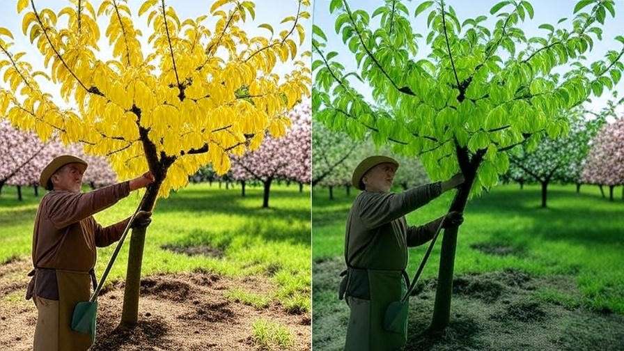 "Before-and-after cherry tree recovery from yellow to green leaves in orchard."