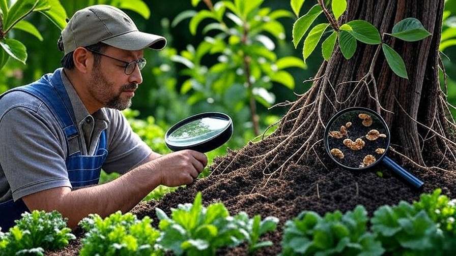 Gardener applying mycorrhizal fungi near cherry tree roots with magnifying glass in a vibrant garden."