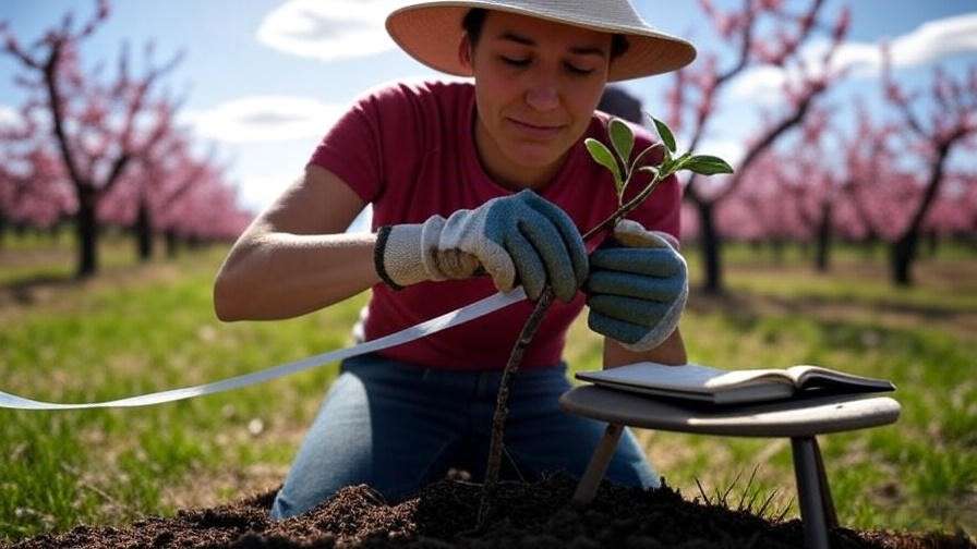 Gardener practicing cherry tree grafting with tape and journal in an orchard.