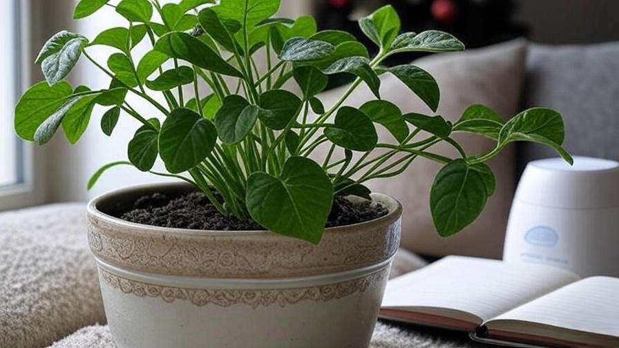 Pellionia watermelon with reduced winter watering next to a humidifier and health tracking notebook."