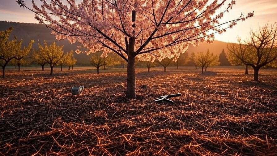 Cherry tree with mulch, pruning shears, and watering can in an orchard