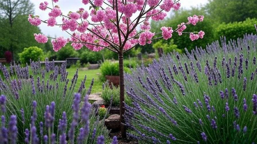 Cherry tree with lavender in a rainy garden setting."