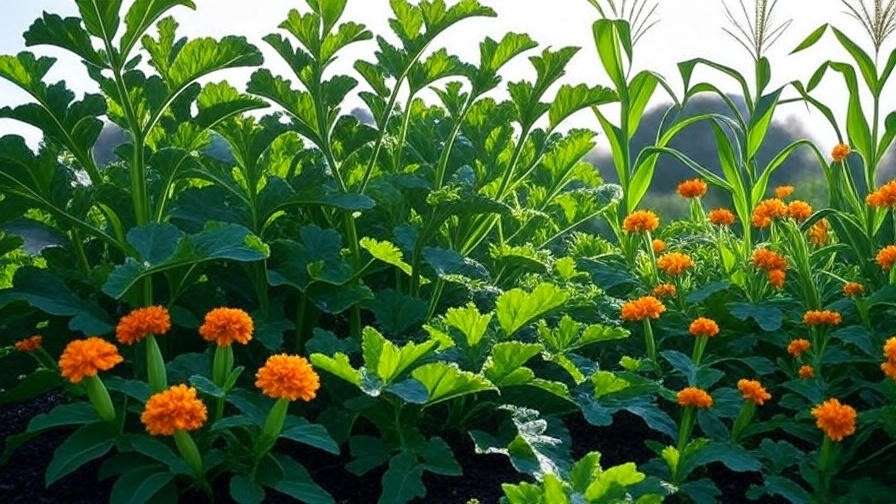 "Garden with marigolds, corn, and black seedless watermelon vines in a healthy layout." 