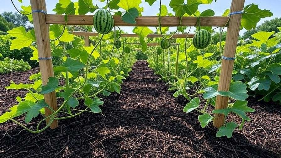 Well-maintained mini watermelon seedless garden with mulch, row covers, and trellis." 