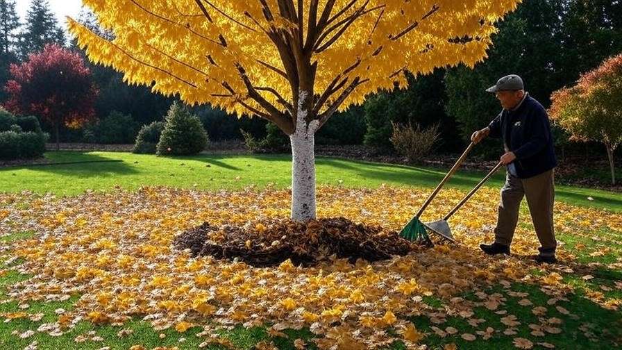 Cherry tree in fall with mulch and soil testing kit