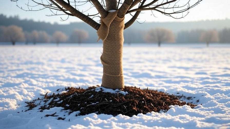 Cherry tree wrapped in burlap with mulch in snowy winter garden."
