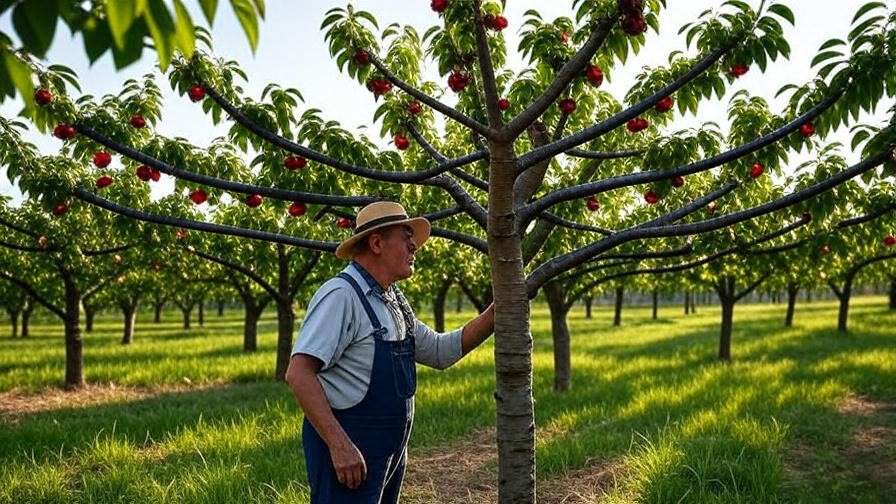 Farmer inspecting grafted cherry tree branches in a lush orchard