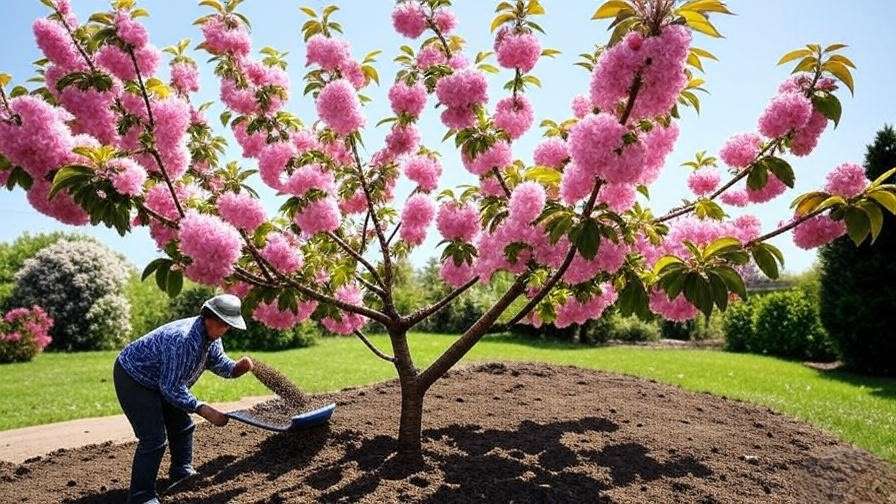 "Gardener applying fertilizer to a healthy cherry tree with pink blossoms