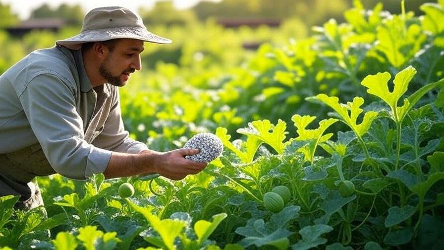 Gardener applying organic fertilizer to black seedless watermelon plants with developing fruit." 