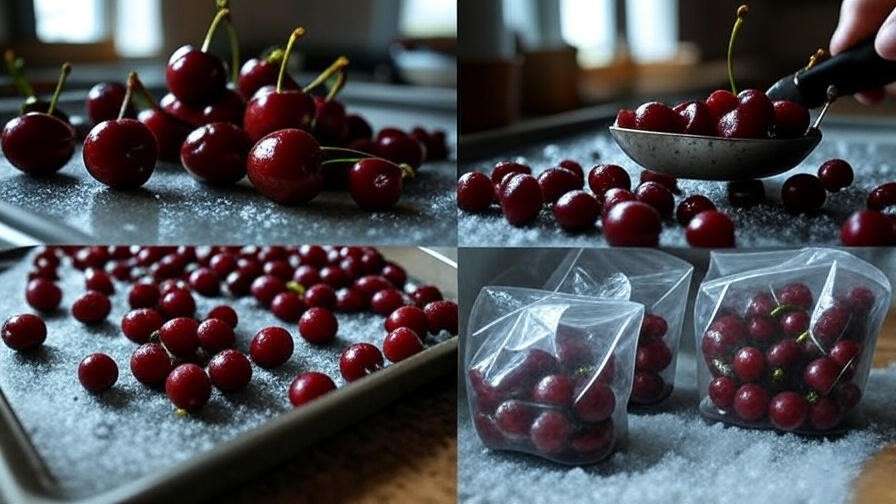 Step-by-step process of pitting and freezing cherries for storage