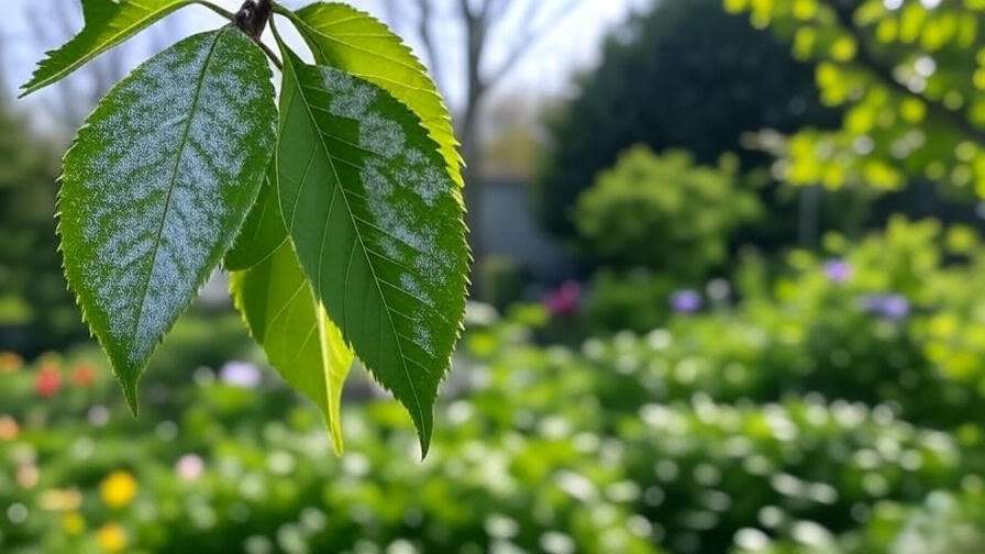 Close-up of cherry tree leaves with powdery mildew and healthy leaves in a garden."