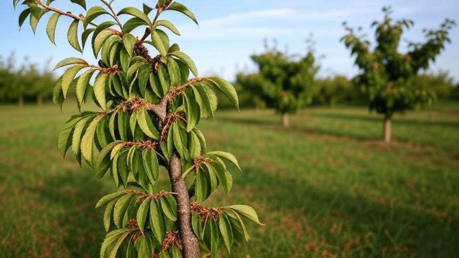 Cherry tree with graft failure next to a healthy grafted tree in an orchard.