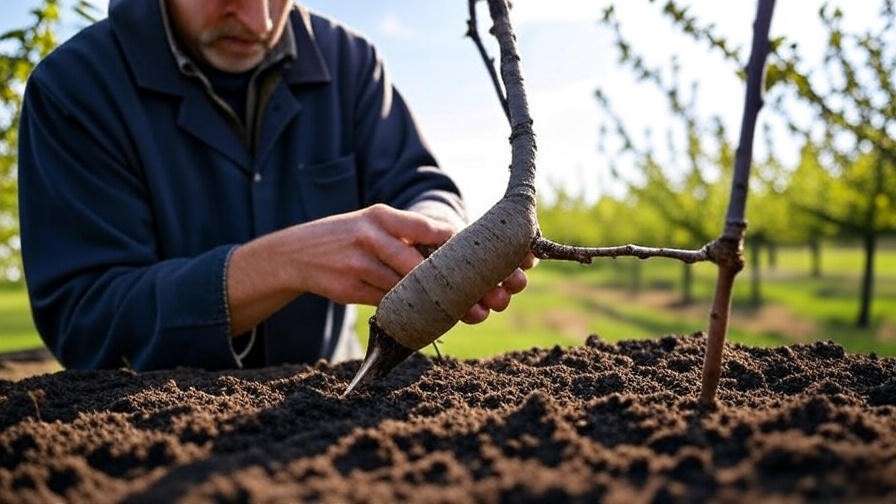 Horticulturist grafting cherry tree onto low-vigor rootstock in a blooming orchard.