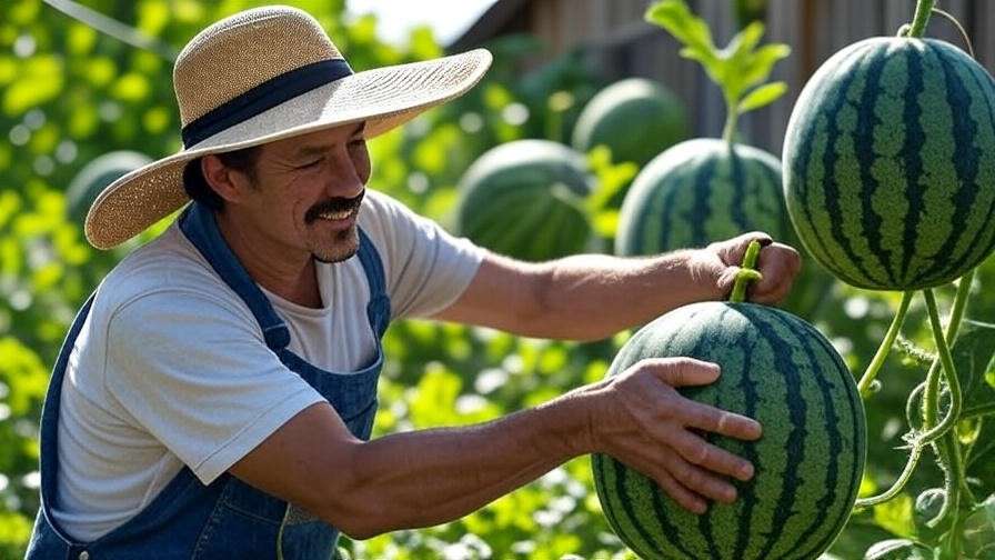 Gardener harvesting a ripe black seedless watermelon with a knife in a garden." 