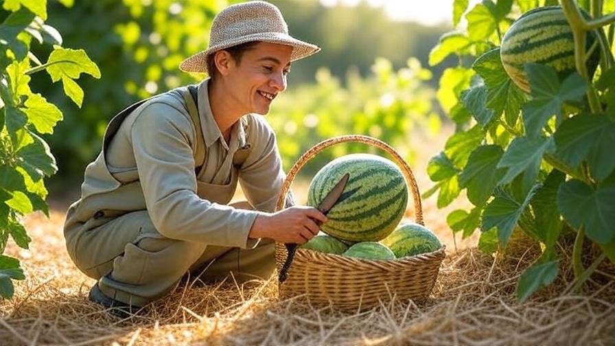 Gardener harvesting ripe Jubilee watermelon with yellow belly and basket of melons."
