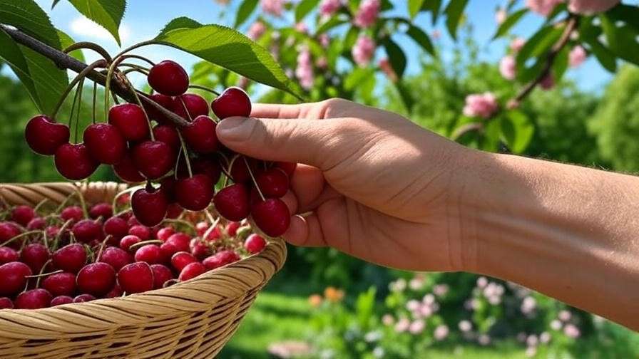 Harvesting ripe cherries from cherry tree in raised bed